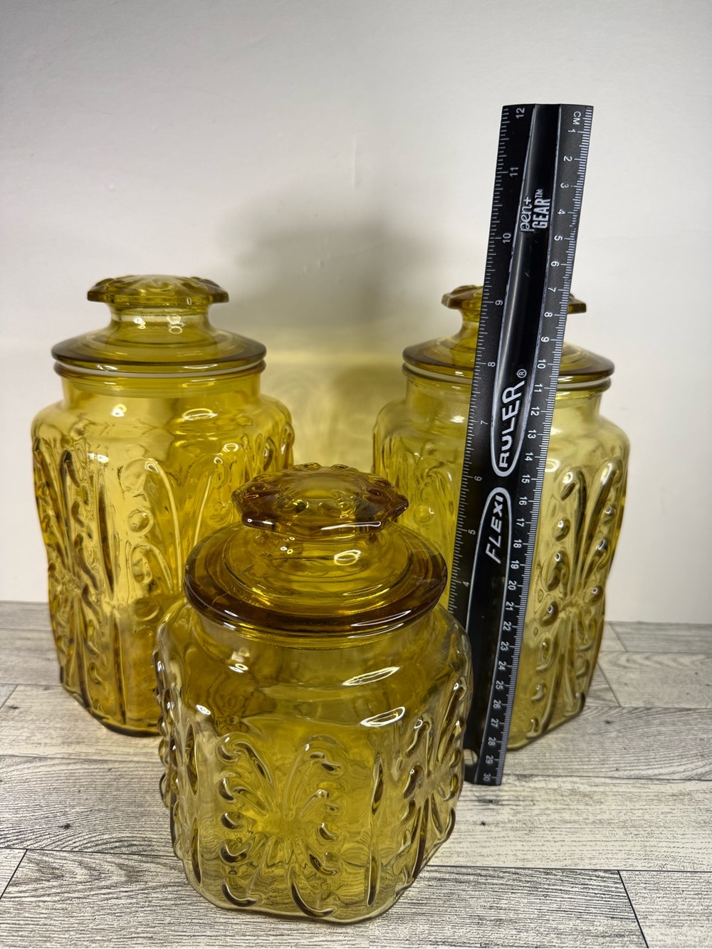 vintage LE Smith Amber Glass Atterbury Scroll canister set of 3 - Picture 4 of 8